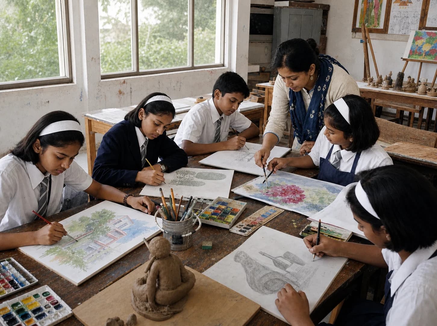 School students painting and drawing together in an art room