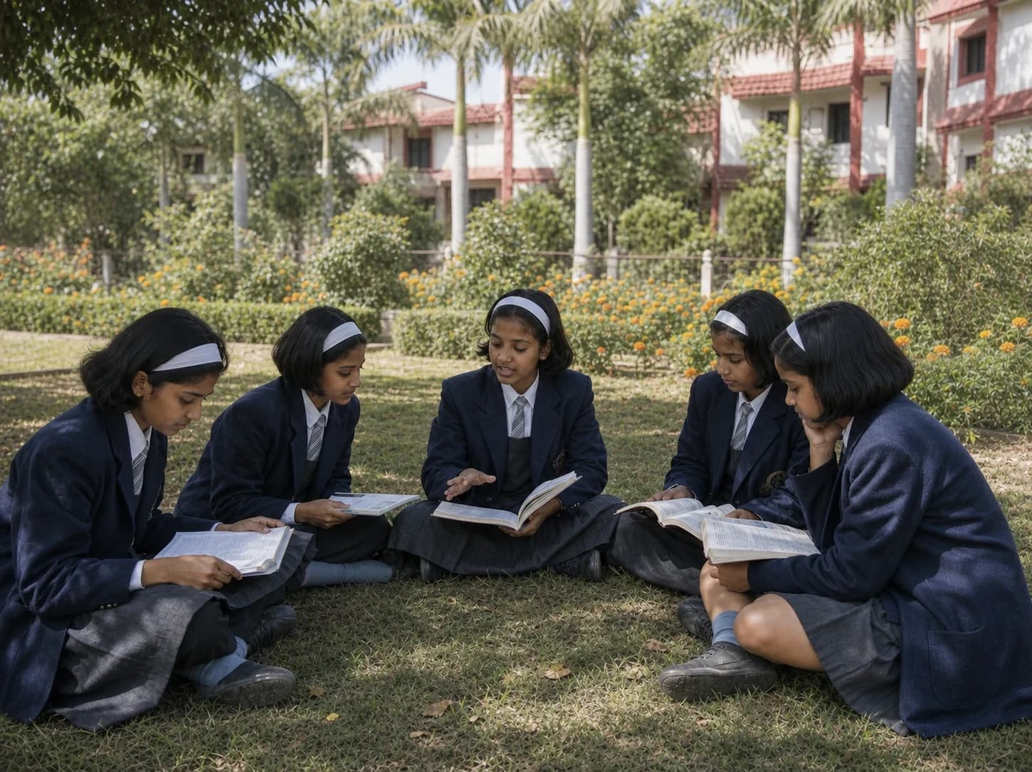 A group of girl students reading together in a landscaped school garden
