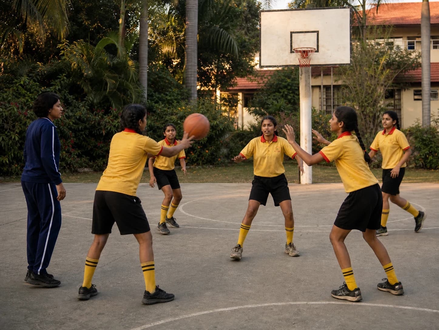 Girl students practising basketball with a coach on a school court