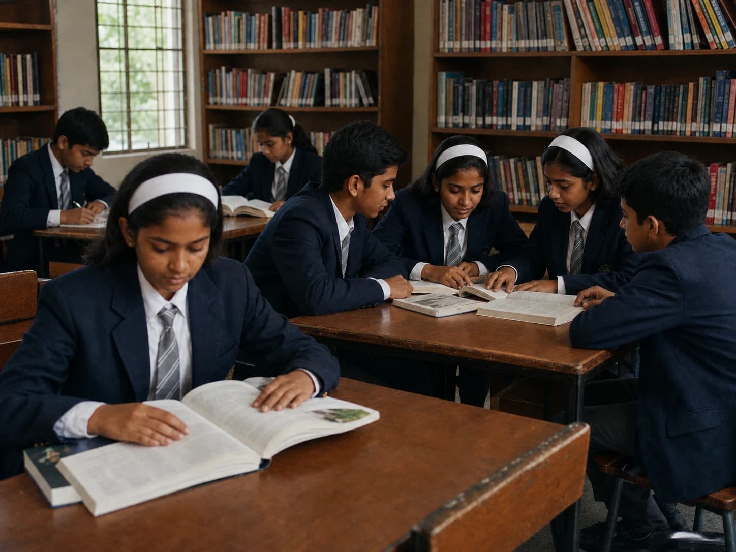Students reading together at a table in a school library