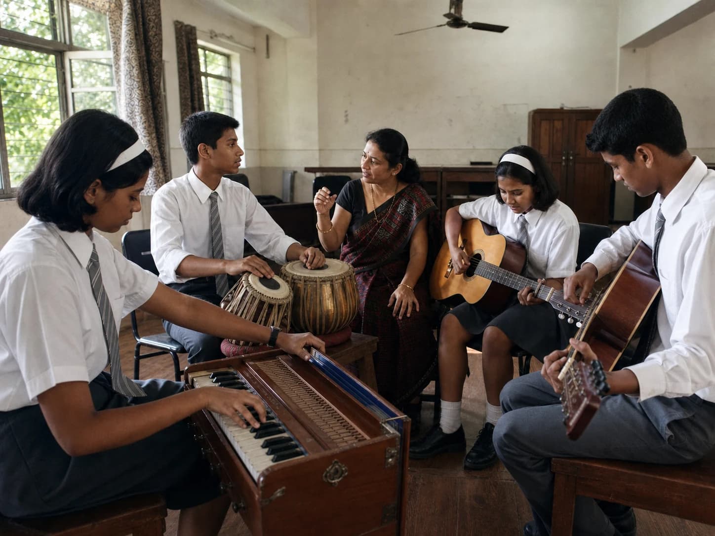 Students rehearsing Indian and western instruments with a music teacher