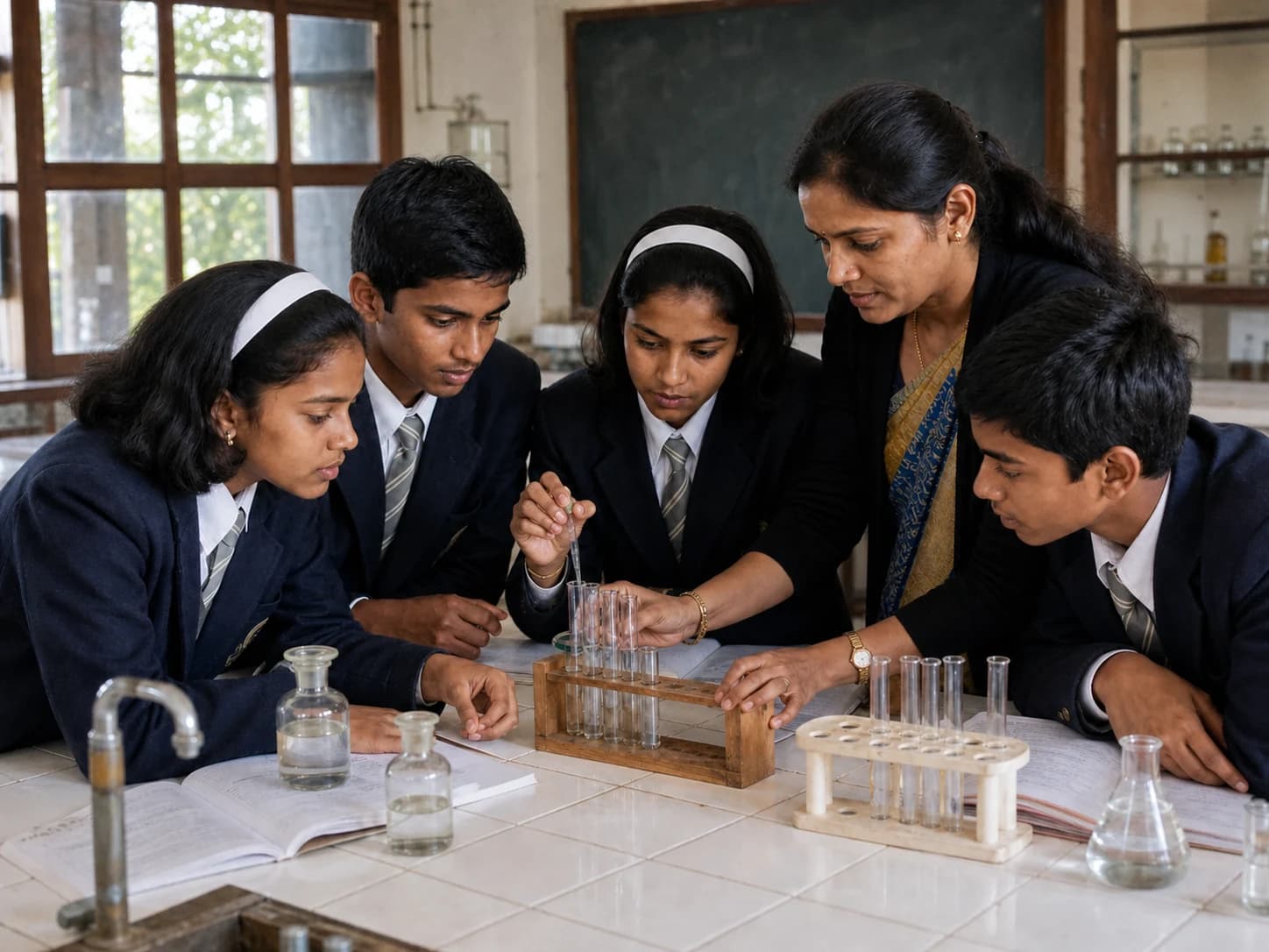 Students carrying out a supervised science experiment in a school laboratory