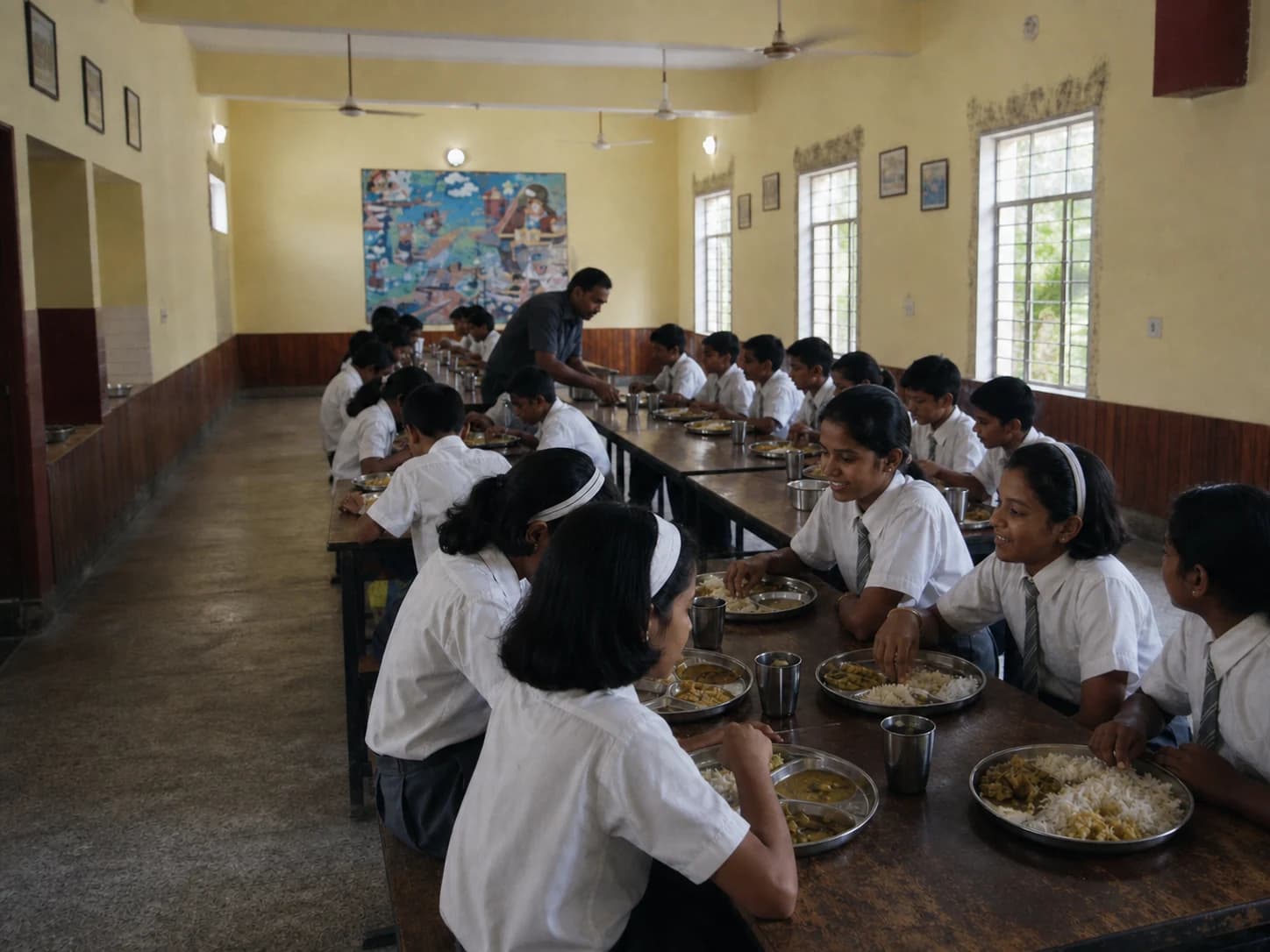 Students sharing a balanced meal at long tables in a school dining hall