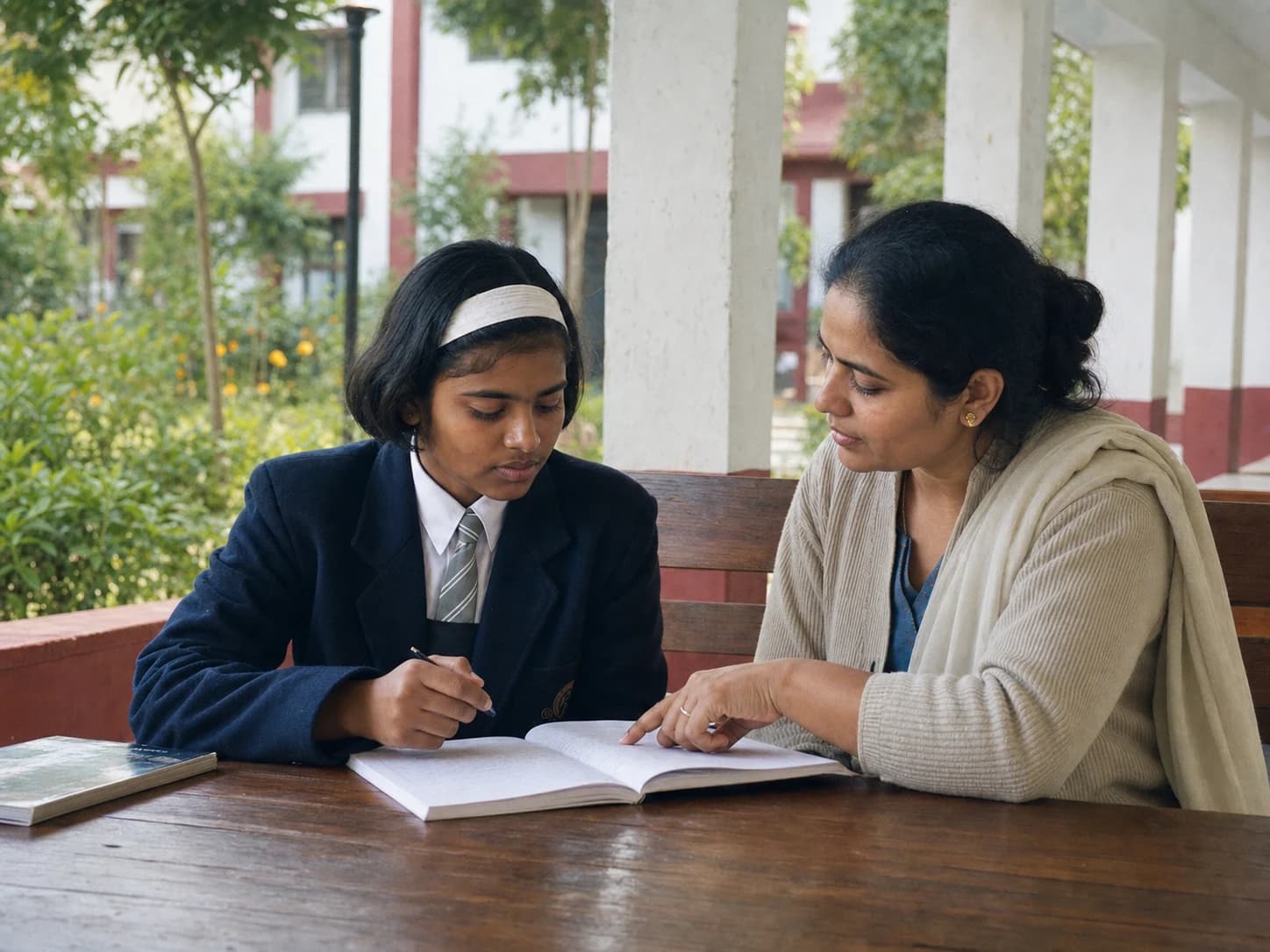 A teacher guiding a student through written work in a shaded school courtyard