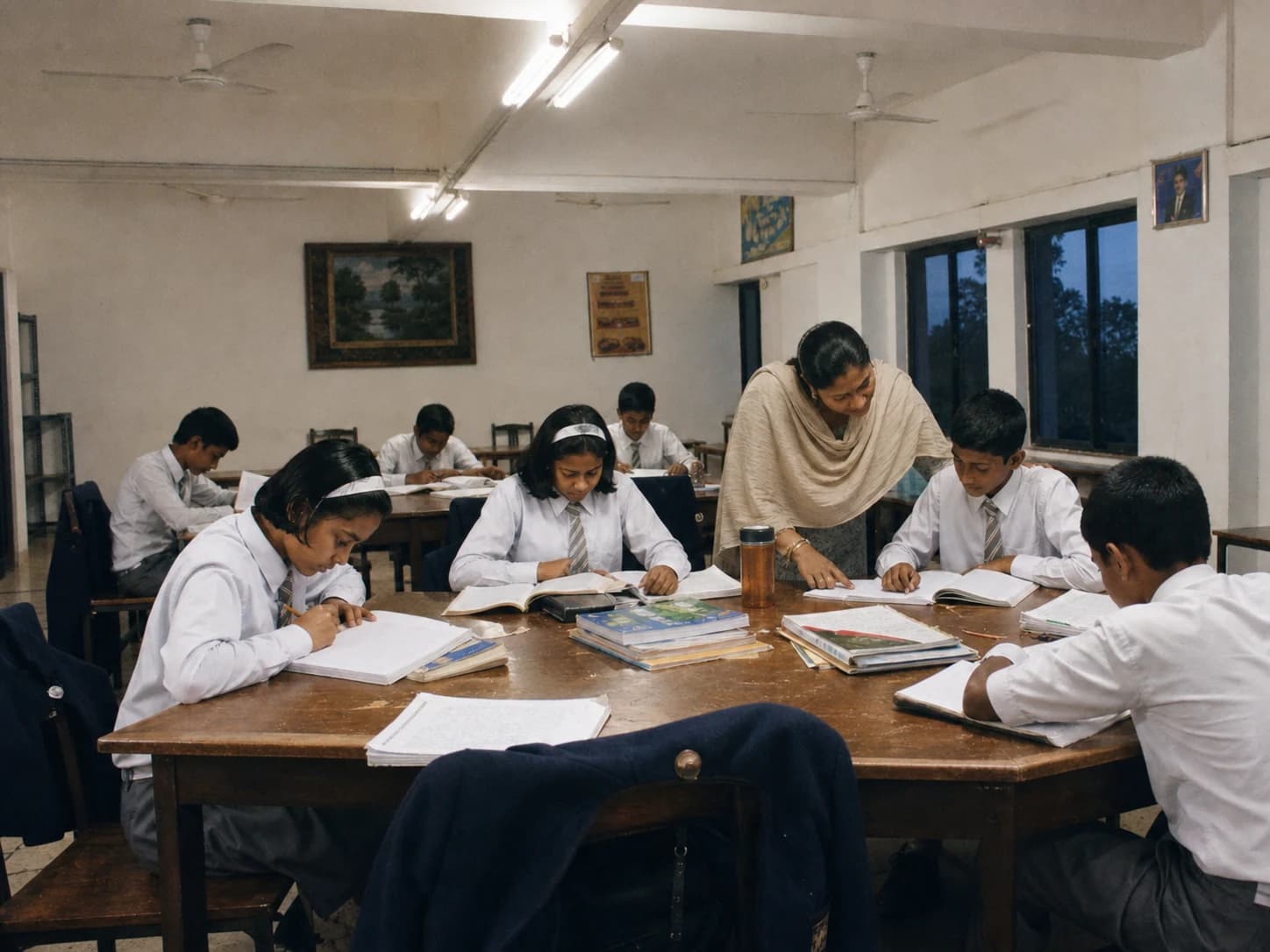 Residential students studying at desks during a supervised evening session