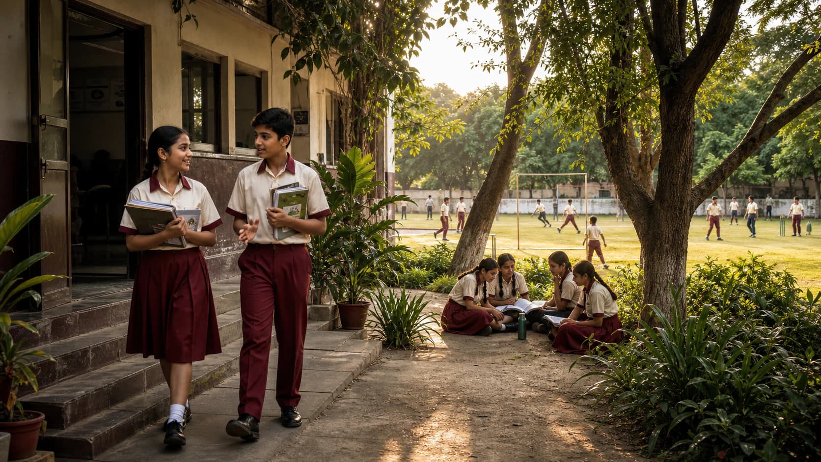 Students moving between study, conversation, and outdoor activity during the school day