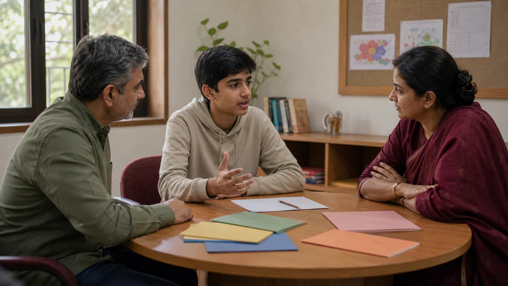 A secondary-school student considering subjects with guidance from adults