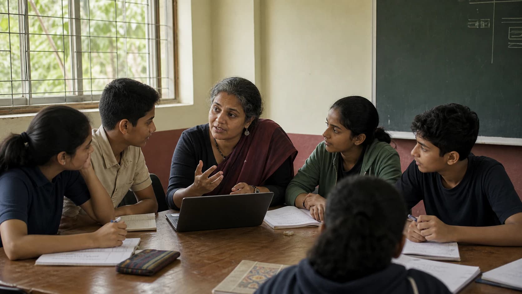 Students and a teacher learning together in an Indian school classroom